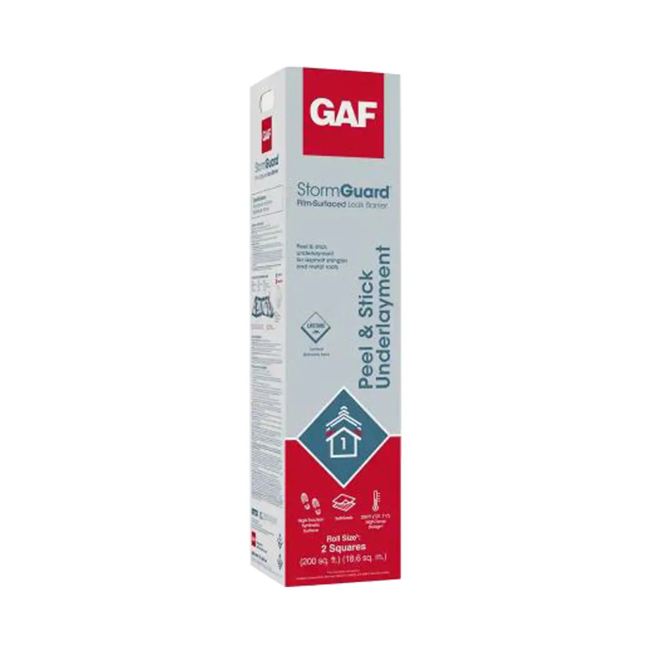 A rectangular box of Go Build StormGuard 36 in. x 66.8 ft. (200 sq. ft.) Film-Surfaced Peel and Stick Roof Leak Barrier Roll, with a red, white, and blue design featuring product details and icons on the packaging.